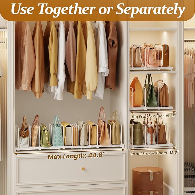 Dmevkic 11-Pack Adjustable Shelf Dividers, Expandable Purse Organizer for Closet (32–44.8"), Purse Storage Handbag Organizer 