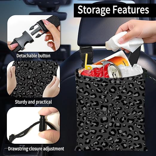 Car Trash Bag Large Hanging Can for Back of Seat, Cute Waterproof Car Garbage Bag for Vehicle, Travelling, Outdoor Cute Black Leopard Skin