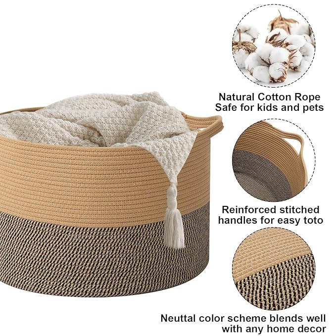 115L Large Blanket Basket,23.6" L x 23.6" W x 15.7" H Rope Woven Baskets with Handles, Toys Storage Bins,Laundry Basket Perfe