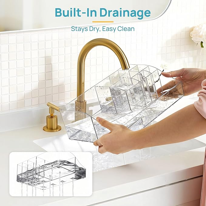 Vtopmart 6 PCS Bathroom Countertop Organizer, 1 Divided Tray with 4 Qtip Holder Jars and 1 Drawers, Restroom Clear Organizers