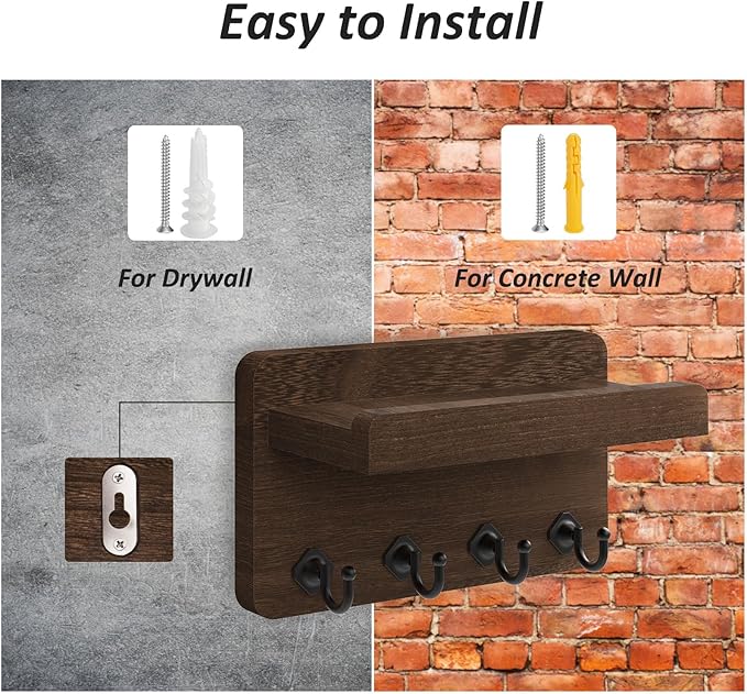 Nekon Key Holder Wall Mount, 8.5 Inch Small Home Decor Wooden Wall Organizer with 4 Hooks and Shelf, Key and Mail Holder for 