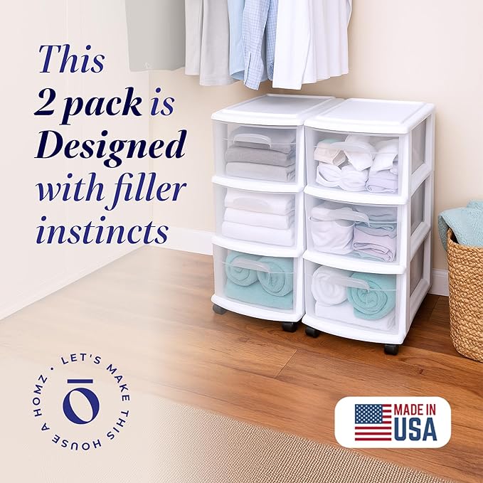 HOMZ 2-Pack Drawer Tower, 3-Tier Clear Plastic Storage Organizer Cart, White Frame - Organizing Containers with Wheels for Ho