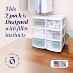 HOMZ 2-Pack Drawer Tower, 3-Tier Clear Plastic Storage Organizer Cart, White Frame - Organizing Containers with Wheels for Ho