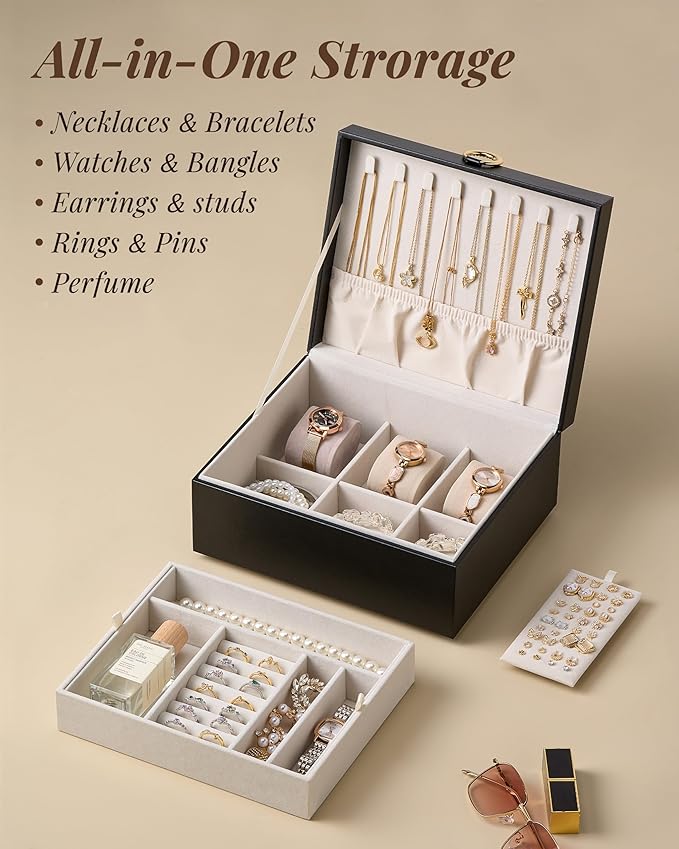 pickpiff 2 Layer Jewelry Box Organizer for Women, Jewelry Organizer with Handle & Removable Tray, Necklace Holder Ring Earrin