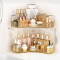 Golden Corner Counter Organizer, 2 - Tier Bathroom & Kitchen Storage Tray with Hooks | PET Vanity Organizer for Skincare, Mak