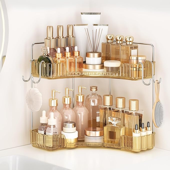 Golden Corner Counter Organizer, 2 - Tier Bathroom & Kitchen Storage Tray with Hooks | PET Vanity Organizer for Skincare, Mak