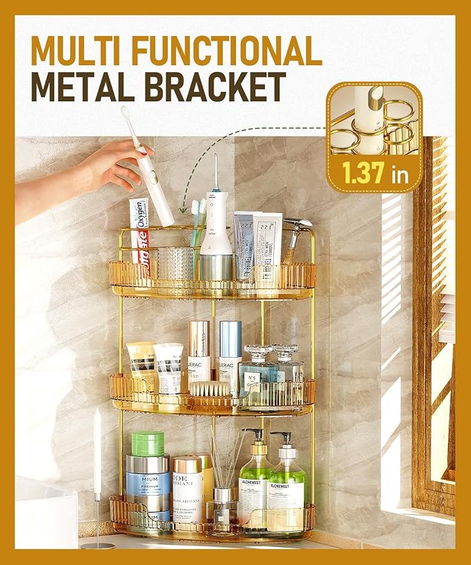 EUHOME 3-Tier Corner Bathroom Counter Organizer Makeup Cosmetic Storage, Tool-Free Installation Acrylic Vanity Shelf, Counter