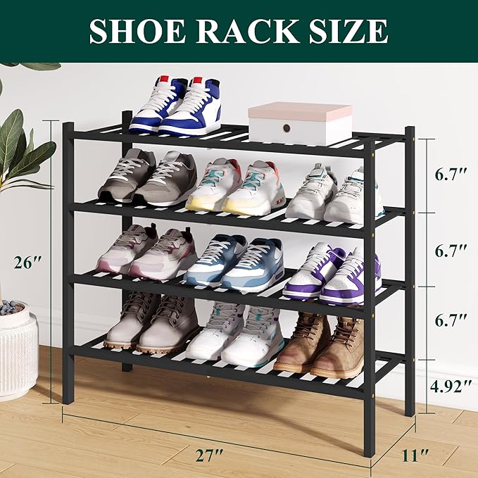 Smiry Bamboo Shoe Rack for Closet, 4 Tier Wooden Stackable Shoe Organizer, Free Standing Shoes Storage Shelf for Entryway, Fr
