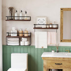 Bathroom Floating Shelves Wall Mounted - 3+1 Tier Rustic Wooden Bathroom Wall Shelves Over Toilet with Wire Storage Basket&To