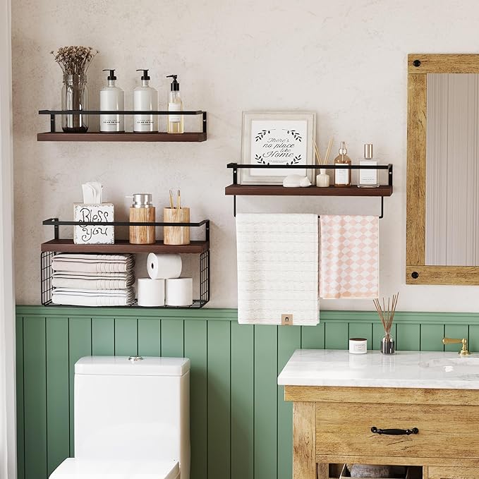 Bathroom Floating Shelves Wall Mounted - 3+1 Tier Rustic Wooden Bathroom Wall Shelves Over Toilet with Wire Storage Basket&To