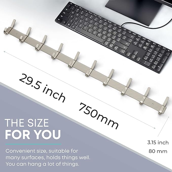 Coat Rack Wall Mount – Brushed Nickel 30 Inch Stainless Steel Hook Rail with 10 Heavy Duty Double Coat Hooks – Wall Mounted C