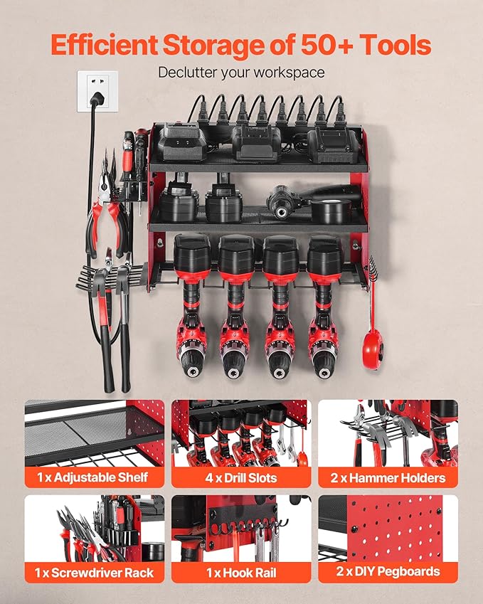 VEVOR Power Tool Organizer with Charging Station, 3-Layer Drill Storage Rack with 4 Drill Holders & Side Pegboard, Garage Too