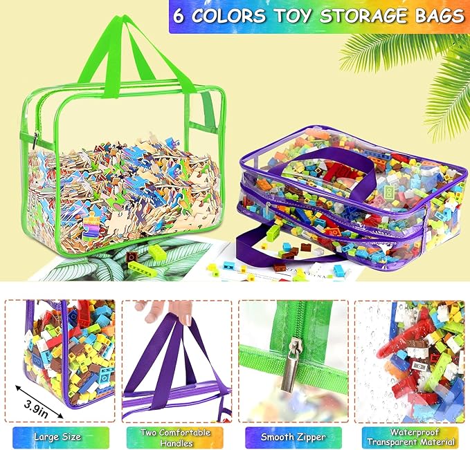 6 Color Large Toy Storage Bags with Labels, Reusable Clear PVC Board Game Storage, Travel Waterproof Organizer Bags with Zipp