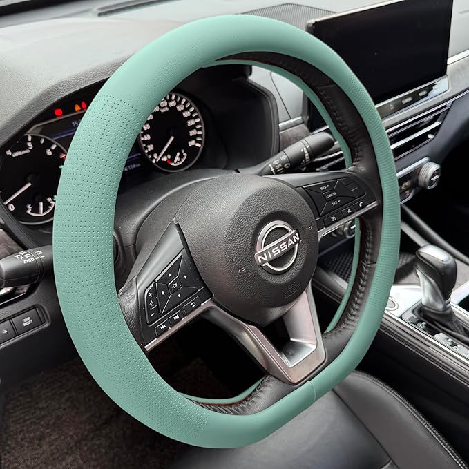 PINCTROT D Shaped Nappa Leather Steering Wheel Cover, Slim Fit No Bulk Design, One Piece Leather with Breathable Perforation,