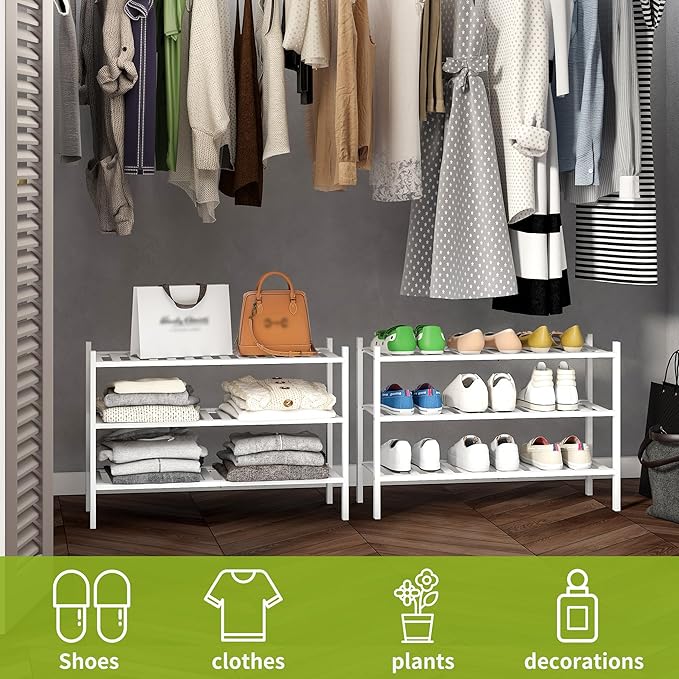 BMOSU 3-Tier Bamboo Shoe Rack Premium Stackable Shoe Shelf Storage Organizer for Hallway Closet Living Room Entryway Organize