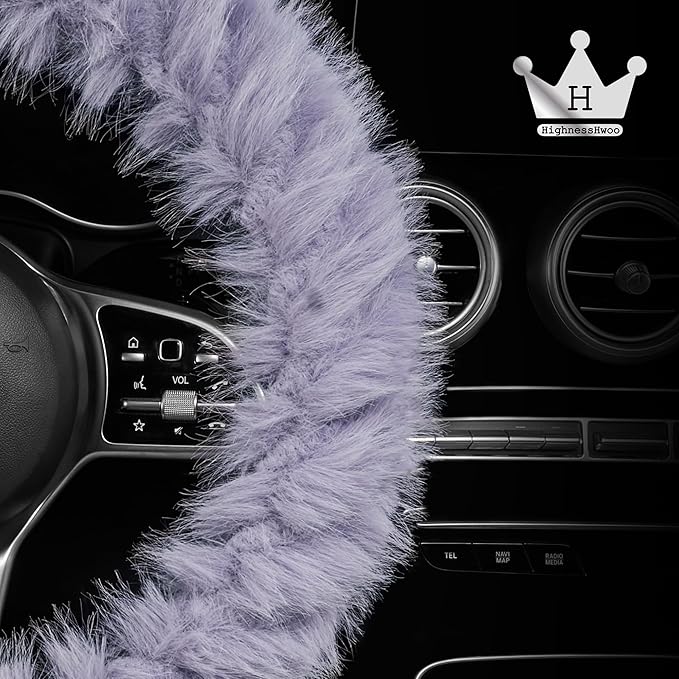 Fuzzy Winter Steering Wheel Covers for Women, Warm Cute Fluffy Car Wheel Cover for F150, Truck, Jeep, Van, Soft Furry Auto Plush Large Car Handle Cover for Cold Weather, 15.2-16in, Purple