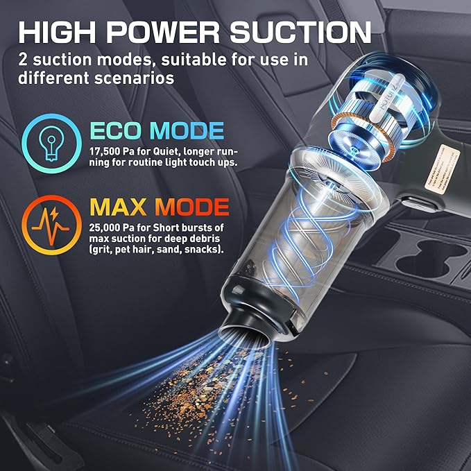Portable Cordless Car Vacuum Cleaner, 17.5KPa/25KPa Powerful Handheld Rechargeable Mini Vacuum for Seats, Floor Mats, Pet Hai
