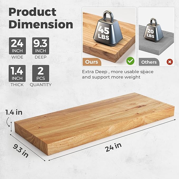 RICHFOCUS Elm Floating Shelves for Wall - 24" W x 9.3" D Rustic Solid Wood Shelves with Invisible Bracket, Wall-Mounted for L