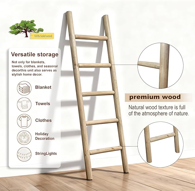 Wooden Blanket Ladder Natural & Motley Wood - Leaning Wall Decor for Bedroom, Bathroom, Living Room - Rustic Quilt Holder & T