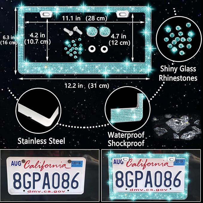 NBTEPEM 27 PCs Aquamrine Bling Car Accessories Set for Women, Steering Wheel Covers Universal Fit 15 Inch, Bling License Plate Frame, Bling Phone Holder, Bling Car Coasters (Aquamrine Diamond)