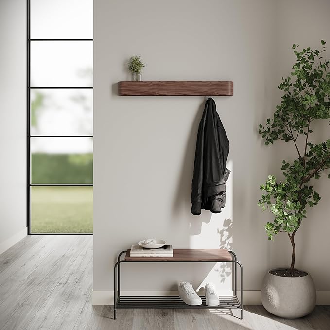Kazai. Wall-Mounted Coat Rack 'Toke' - Modern Design with Hidden Wall Hooks - Solid Wood Veneer Panel Hanger - Walnut