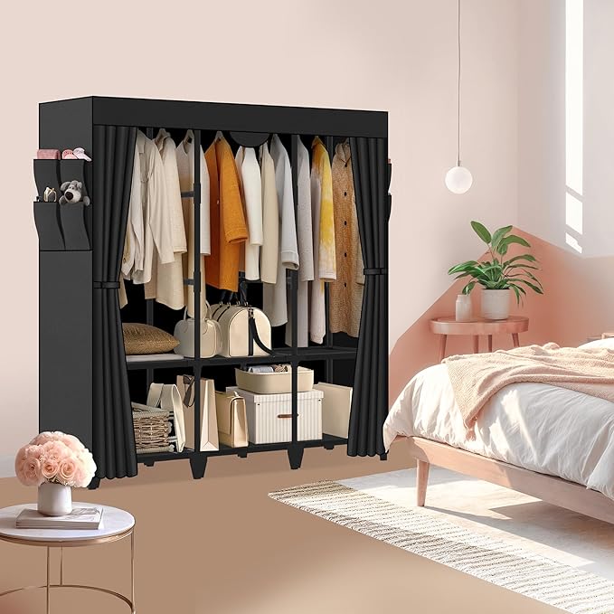 Wardrobe Closet, Quick and Easy Assembly, Black Large Capacity Portable Closet with 3 Hanging Rods 6 Storage Shelves and 8 Si