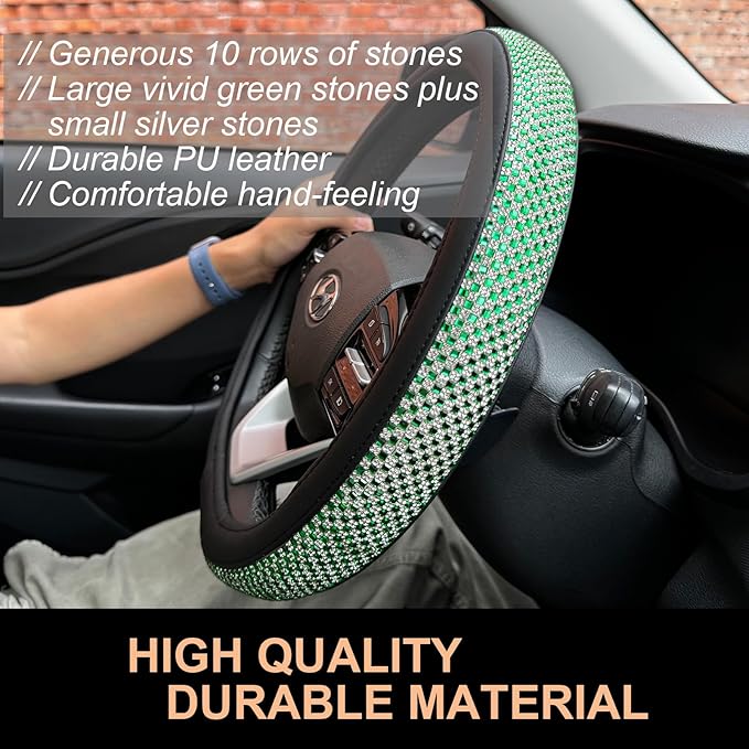 PINCTROT D Shaped Bling Comfy Steering Wheel Cover with Jumbo Crystal Rhinestones, Anti-Slip Diamond Leather, Flat Bottom 14.5-15 Inch (Vivid Green)