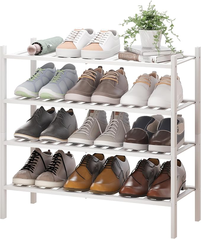 BMOSU 4-Tier Bamboo Shoe Rack Premium Stackable Shoe Shelf Storage Organizer for Hallway Closet Living Room Entryway Organize
