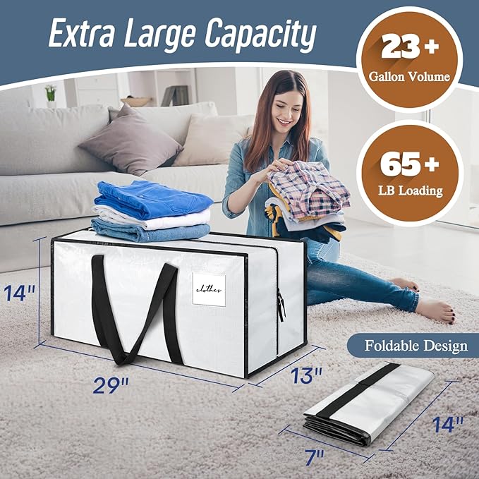 12 Pack Extra Heavy Duty Large Moving Bags with Strong Zipper & Comfortable Handles, Sturdy & Durable Clothes Storage Bags To
