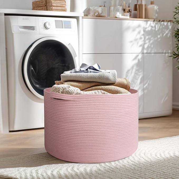 MEGASKET 115L Oversized Pink Basket, 23.6"x15.7" Woven Cotton Rope Bin with Handles, XXXL Blanket Storage for Living Room, Ki