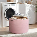MEGASKET 115L Oversized Pink Basket, 23.6"x15.7" Woven Cotton Rope Bin with Handles, XXXL Blanket Storage for Living Room, Ki