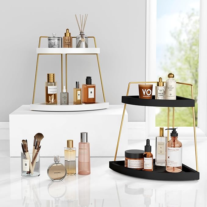 Forbena Black and Gold Corner Bathroom Counter Organizer, Modern Kitchen Countertop Shelf Organizer for Sink, Two Tier Makeup