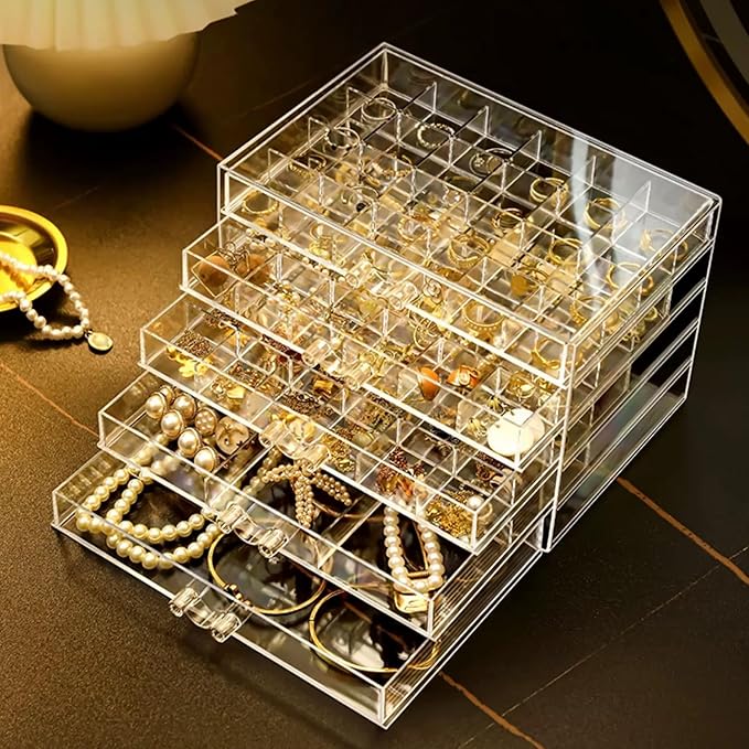 Feadily Acrylic Jewelry Organizer Box, Jewelry Drawer Organizer With 5 Drawers 79 Grids, Clear