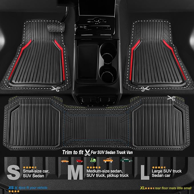 CAR PASS Heavy Duty Rubber Floor Mats for Car, Waterproof Liner Deep Dish Car Mats Full Sets, Universal Trim to Fit for SUV Truck Sedans Vans, All Weather Automotive Floor Mats 3pcs, Black Red
