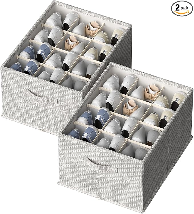 FHSQX 2 Pack Shoe Organizer for Closet,Foldable Shoe Organizer,Fits up to 24 Pairs,Storage Containers With Bottom Support for