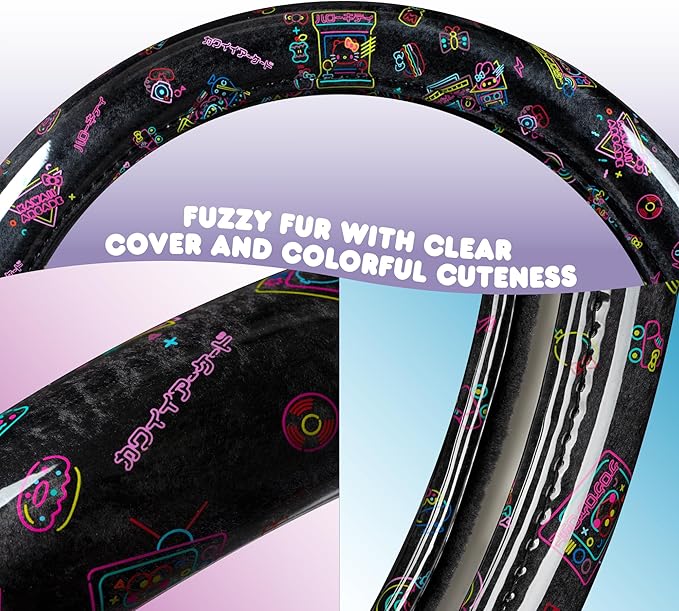 Hello Kitty Steering Wheel Cover, Official Sanrio Car Steering Wheel Cover with Universal Size 14.5-15, Cute Black Hello Kitty Car Accessories for Women (Hello Kitty Kawaii Arcade)