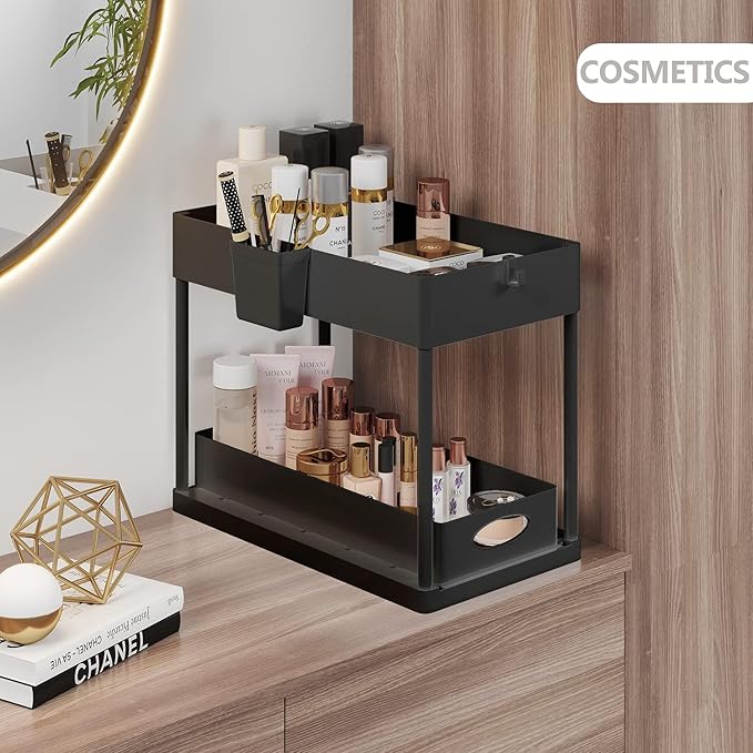 Under Sink Organizers and Storage, Bathroom Cabinet Organizer, Sink Shelf with Utility Hooks and Side Caddy for Under Cabinet