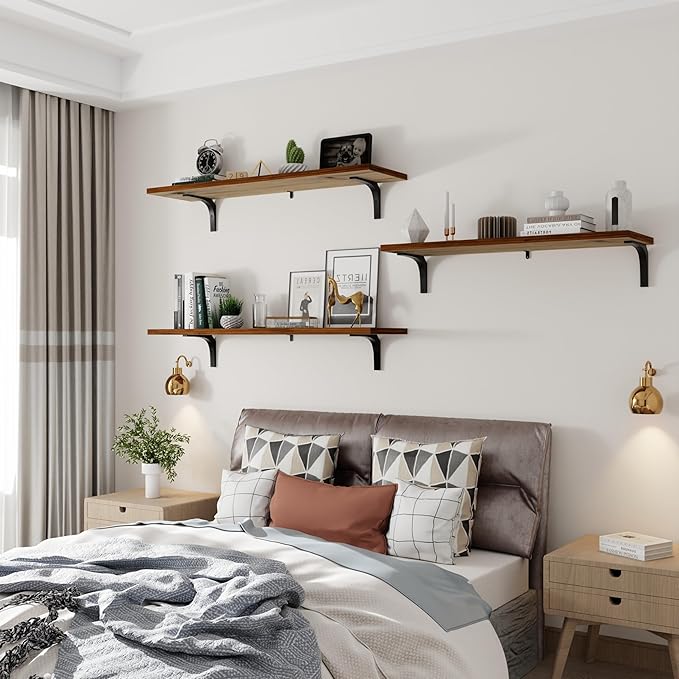 12 Inch Deep Floating Shelves Set of 3, 36 Inch Extra Wide Walnut Solid Wood Wall Shelves with 150 lbs Capacity, Heavy Duty F
