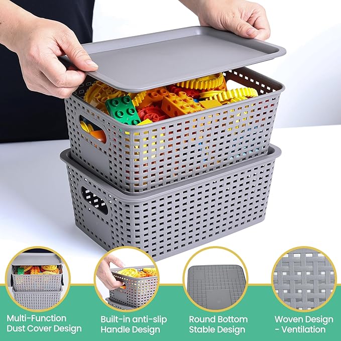 Plastic Storage Baskets with Lid-Plastic Storage Containers Stackable Storage bins: Storage Baskets for Organizing Shelves Dr