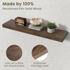 Fun Memories Solid Elm Wood Floating Shelves Set of 2-36 Inch Rustic Wall Shelves with Heavy-Duty Invisible Brackets - for Li