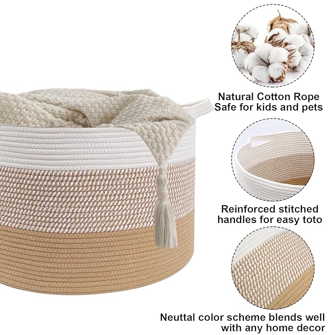 65L Large Blanket Basket, 19.7" L x 19.7" W x 13" H Cotton Rope Woven Storage Basket,Laundry Hamper for Toys, Clothes, Pillow