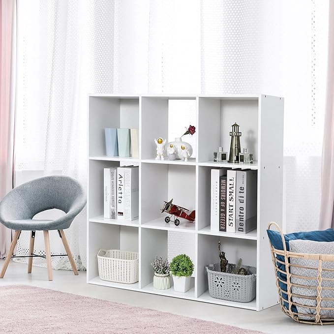 SUPER DEAL 9 Cube Storage Organizer 11 inch Cube Storage Shelf 3 x 3 Wood Bookcase Display Bookshelf with 5 Removable Back Pa