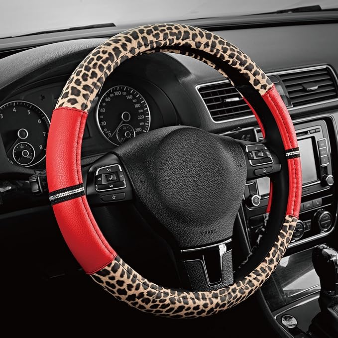Road Comforts Leopard Steering Wheel Cover for Women, Cute Anti-Slip Microfiber Leather, Universal Fit 14.5-15 Inch Round Ste
