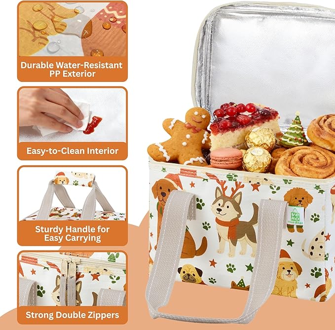 VENO 2 Pack Cooler Bag, Insulated Grocery Bags, Collapsible Cooler, Reusable Shopping Bags for Groceries, Water Resistant, Zippered, 2.5 Gallon (Holiday Pups)