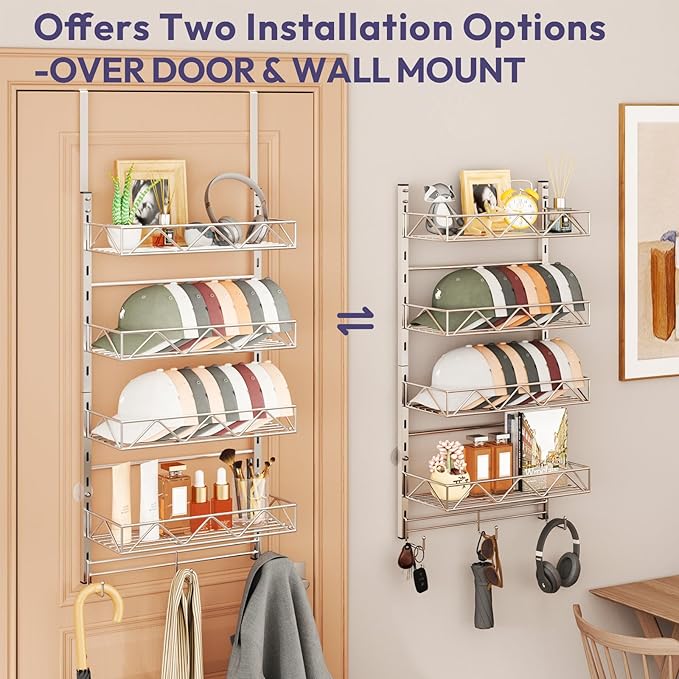 SWTYMIKI Over Door Hat Organizer - 5 Tier Wall Mounted Hat Rack with 4 Adjustable Metal Basket Heights Design and 3 Hooks, Ba