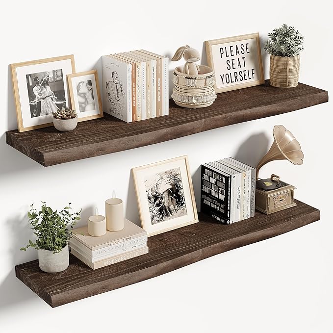 Vivelove Live Edge Floating Shelves 36 inch Long, Elm Wood Wall Display Shelf with Invisible Bracket for Living Room Bedroom 