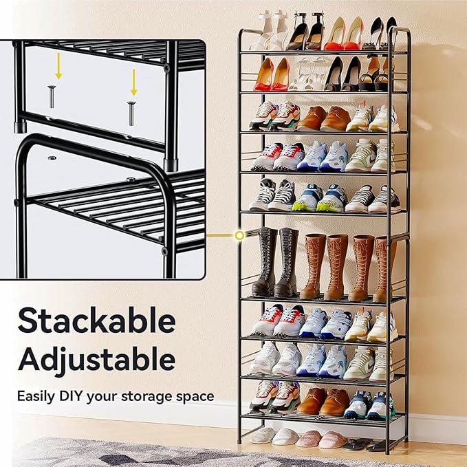 5 Tier Shoe Rack Closet Metal Heavy Duty, Stackable, Black