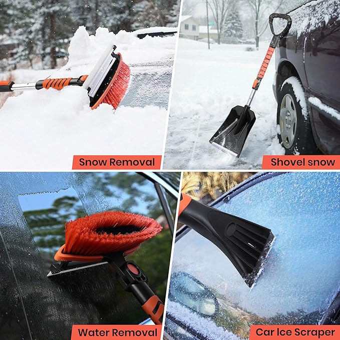 SINTIKI 43" Ice Scrapers for Car Windshield and Snow Shovel Kit, Extendable Snow Brush for Truck with EVA Grip, 180° Pivoting Brush Head Detachable Snow Scraper for Car, SUV, Truck Auto