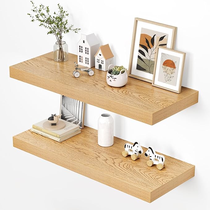 Dreamland 36" Floating Shelves for Wall, 12" Deep Thicker Oak Floating Shelves, Wall-Mounted Shelves for Bedroom, Living Room