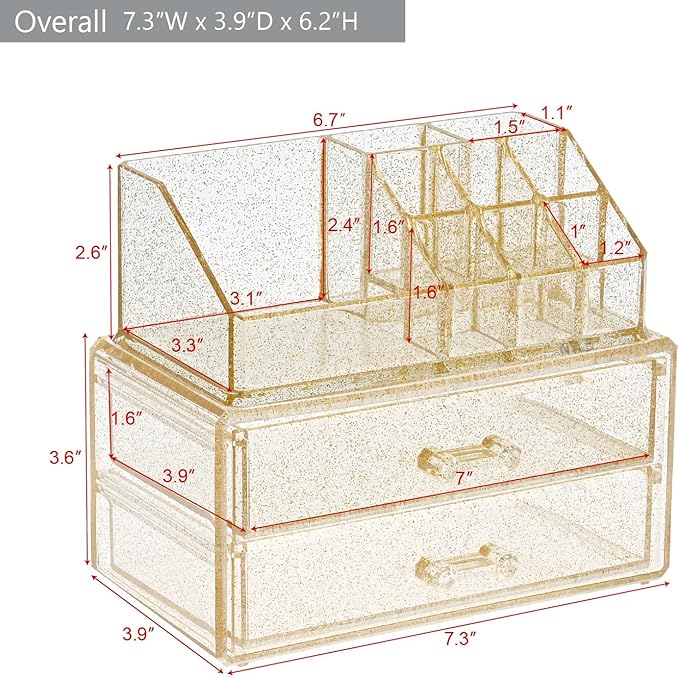 Ikee Design Acrylic Makeup Organizer with 2 Drawers Removable Top Lipstick Holders, Cosmetics Organizer for Skincare, Accesso